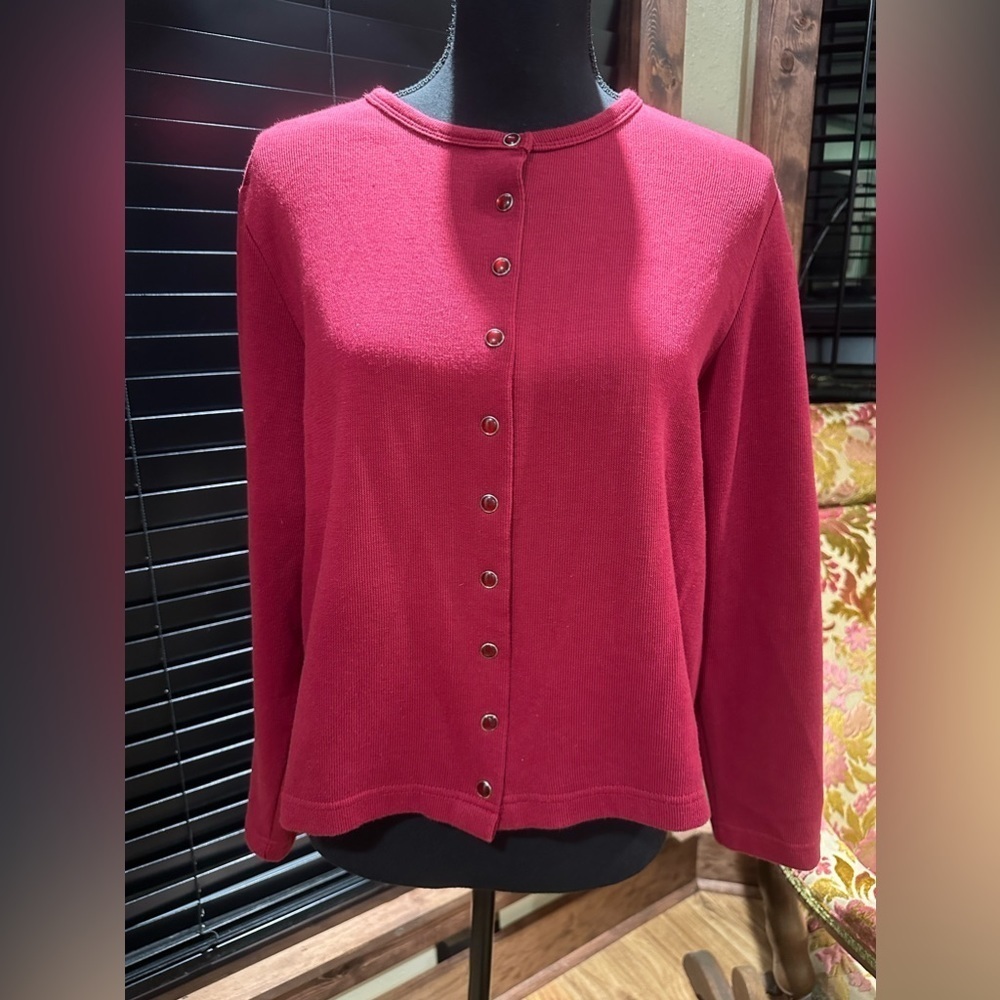 Euc “Basic Concepts” Deep Red Cardigan With Autom… - image 1